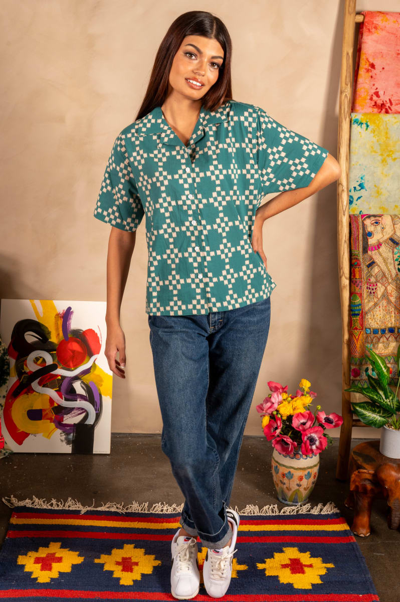 Hand Printed Camp Collar 'The Violet' Shirt - Green And White Squares