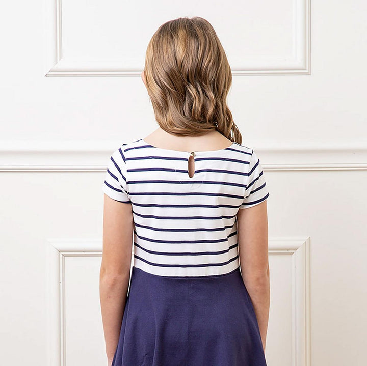 Short Sleeve Organic Knit Skater Dress - White and Navy Stripe