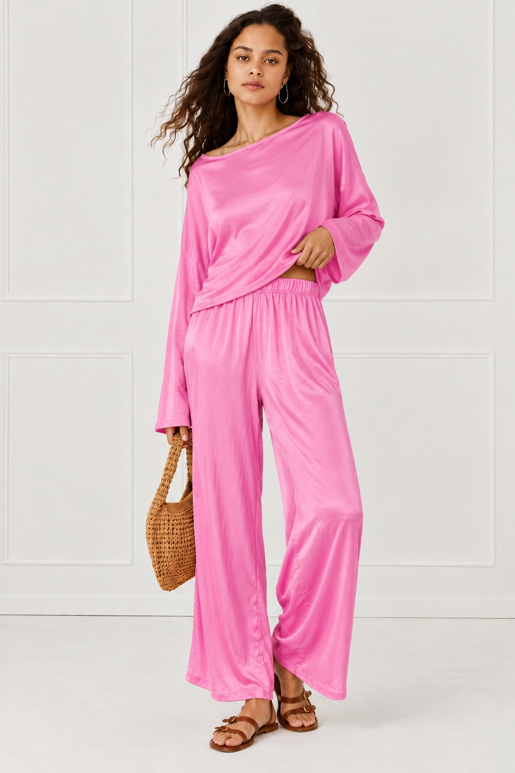 Silky Wide Leg Pants - Hot Pink