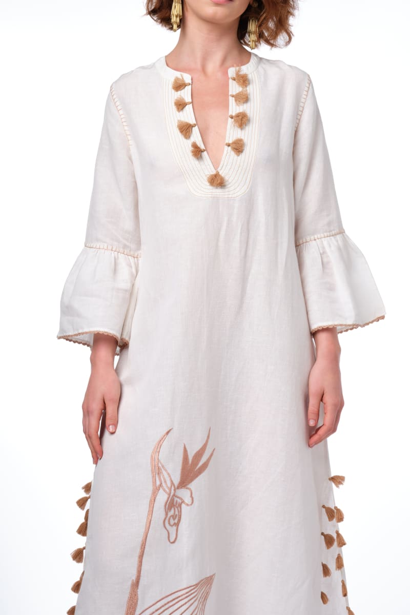 Sarina Kaftan - White/Beige Embroidery