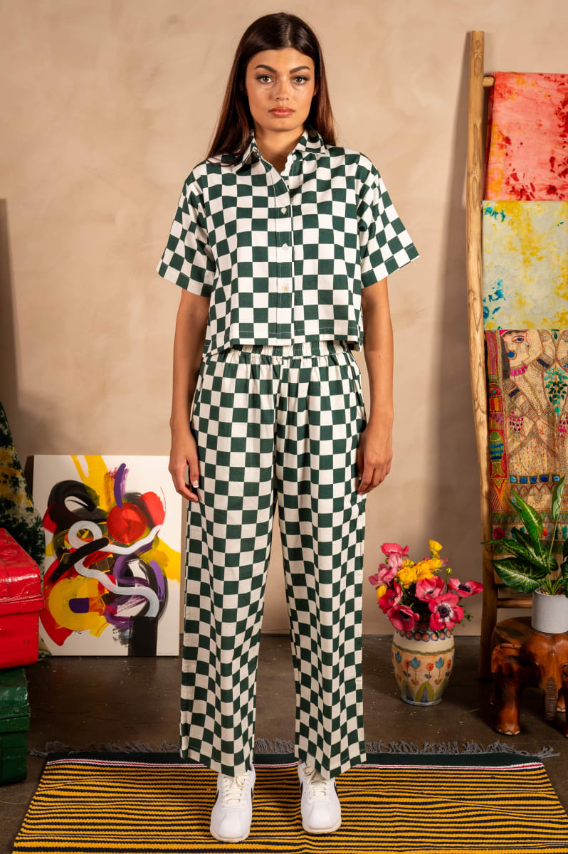 Hand Printed 'Seema' Pants - Green And White Chessboard