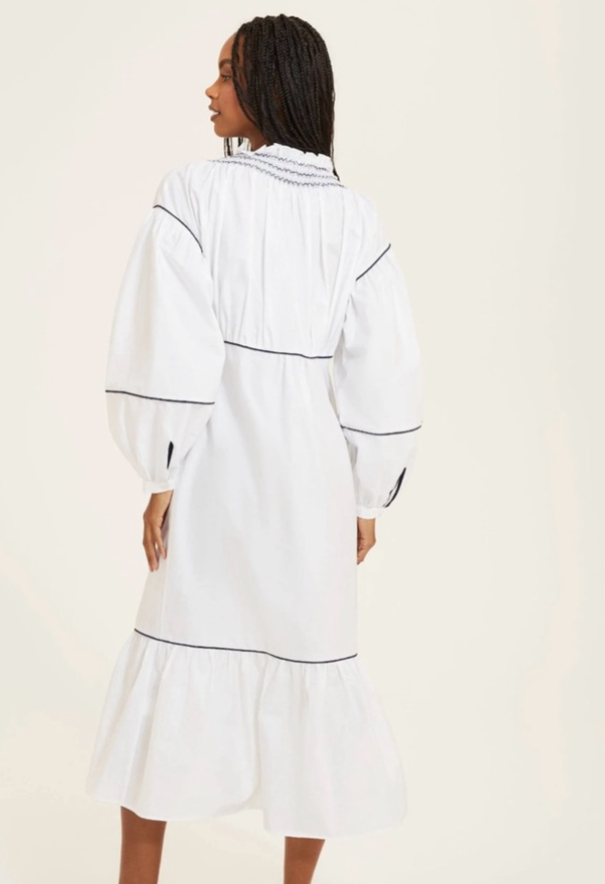 Smocked Puff Sleeve Midi Dress - White
