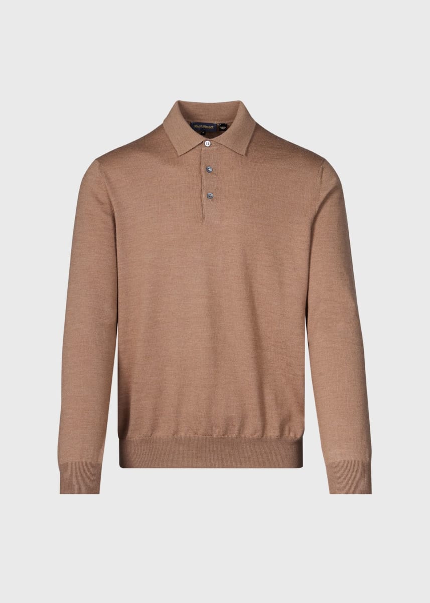Long Sleeve Merino Wool Polo Shirt - Camel