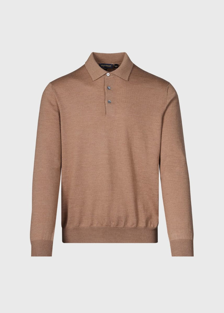 Long Sleeve Merino Wool Polo Shirt - Camel