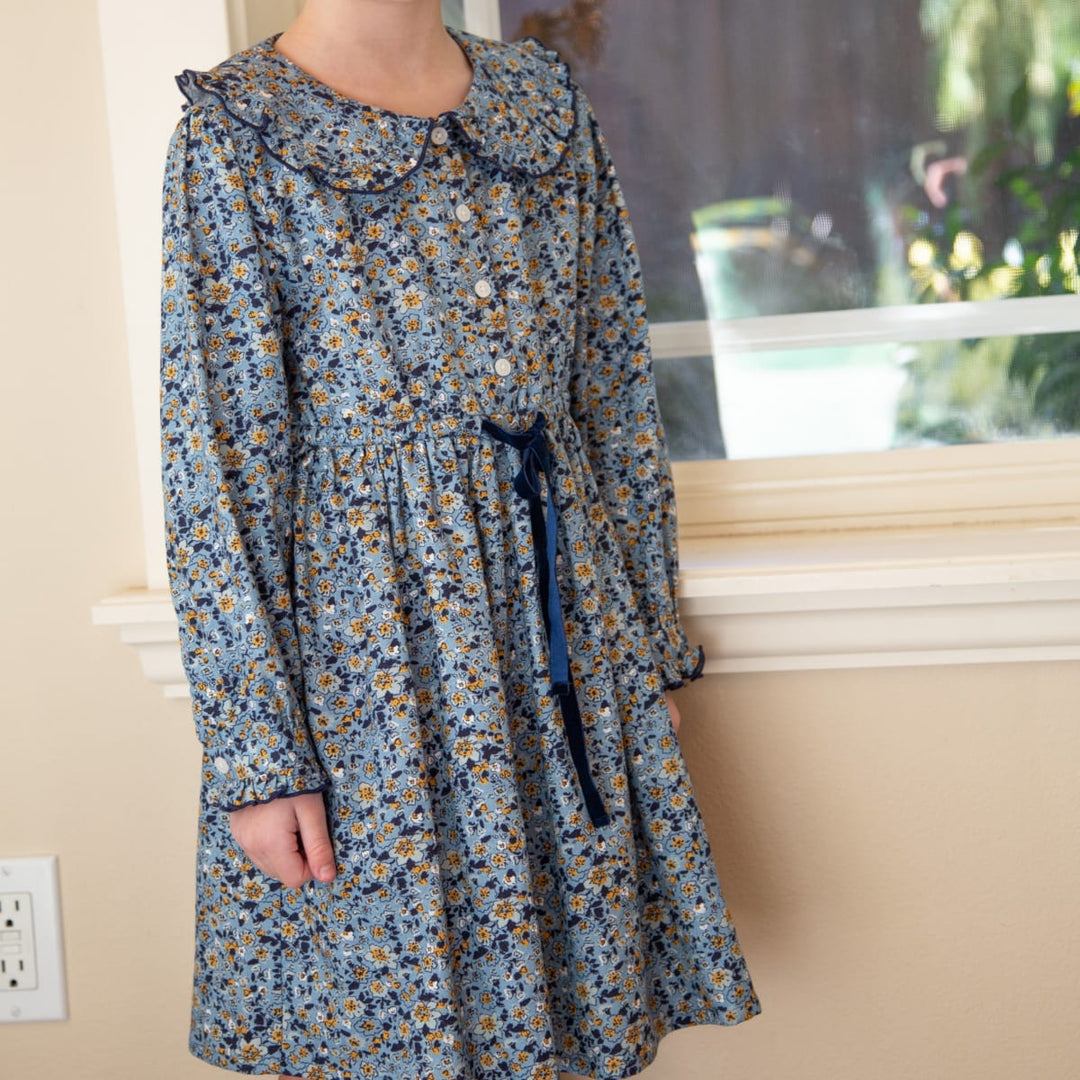 Girls Adelaide Velvet Tie Dress - Blue And Mustard Wildflowers