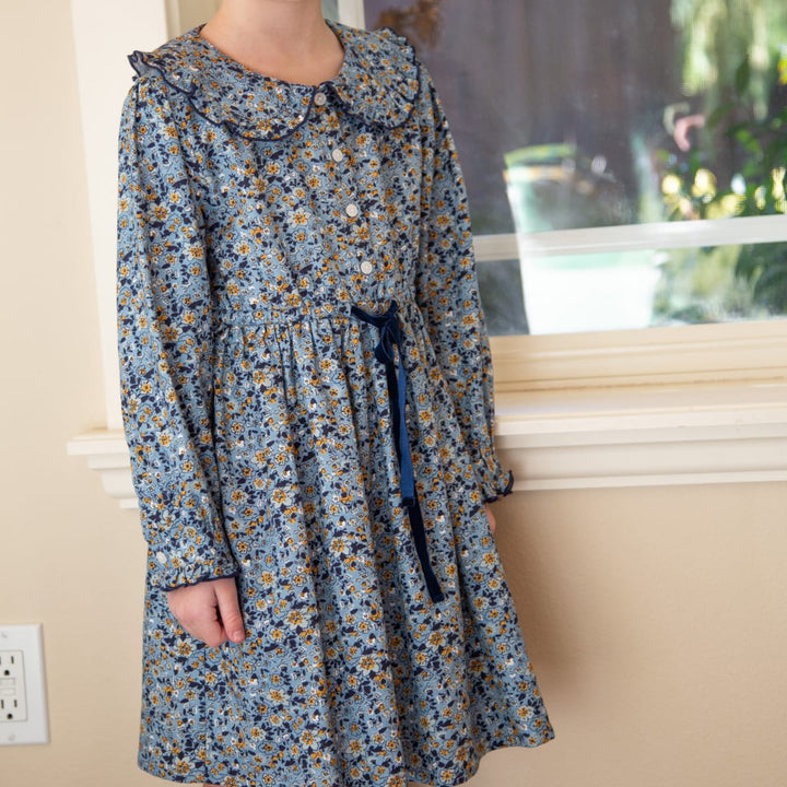 Girls Adelaide Velvet Tie Dress - Blue And Mustard Wildflowers