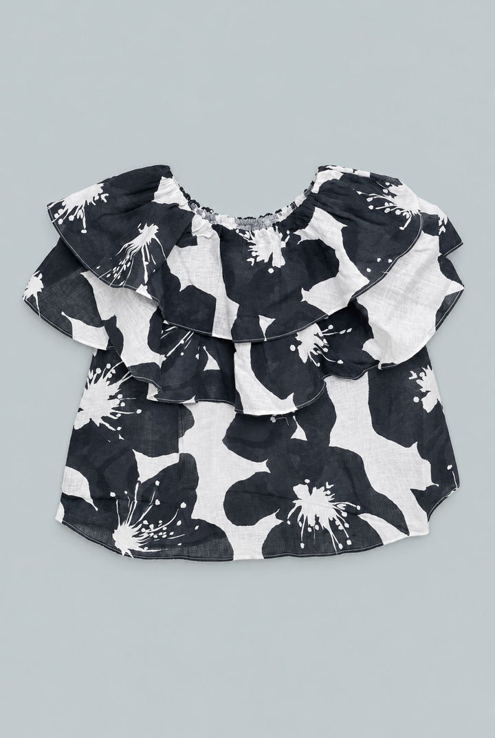 Kid's Floral Ruffle Top - Black/White
