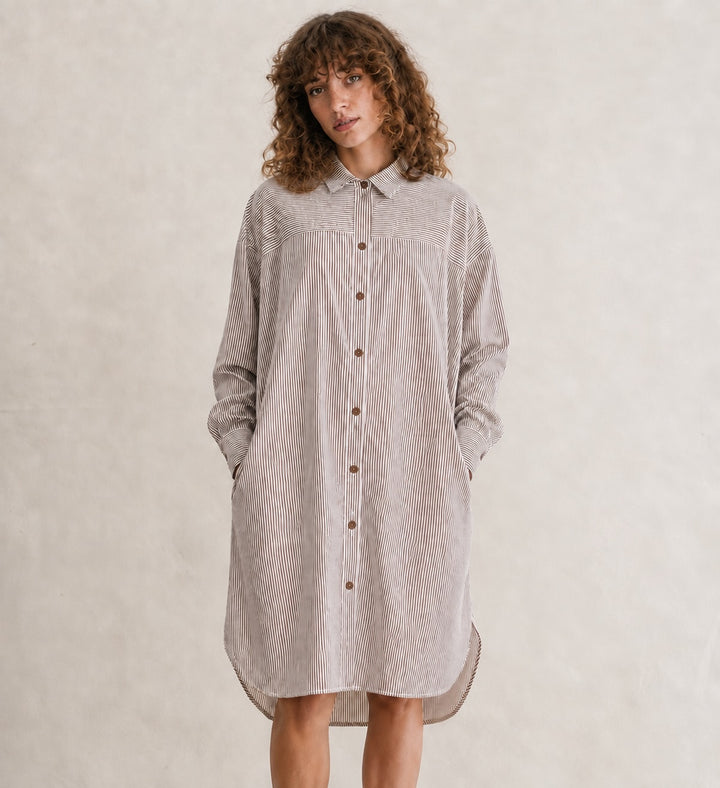 Pin Stripe Shirt Dress - Brown