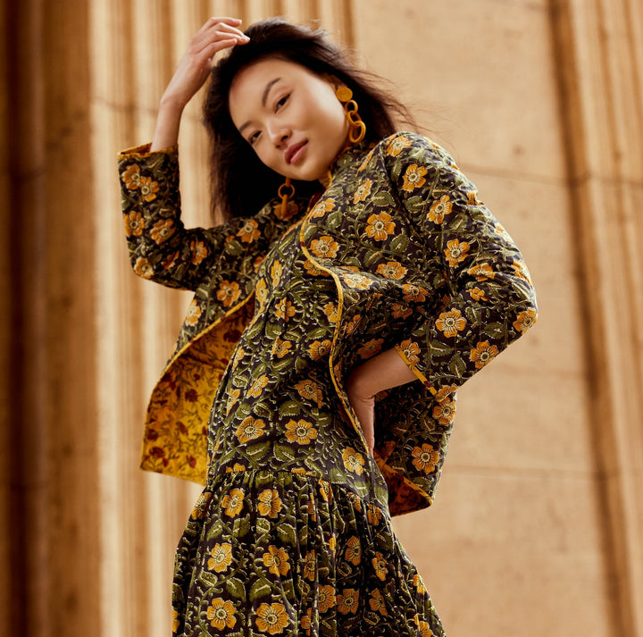 Nancy Reversible Quilted Jacket - Golden Marguerite/Chili Floral Print & Faded Black/Golden Floral Prints