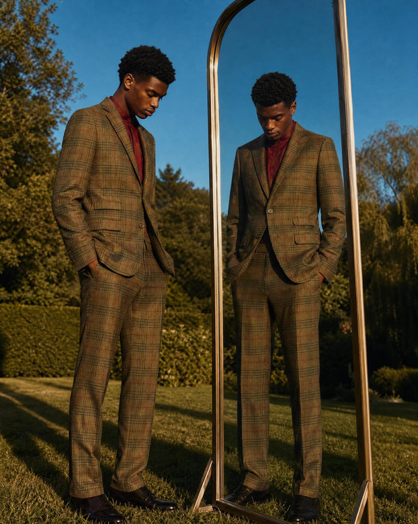 Plaid Two Button Suit - Olive