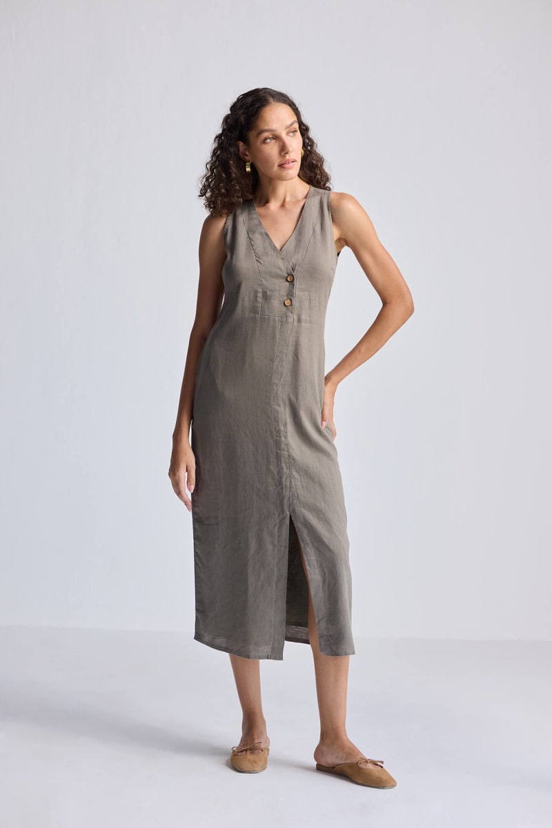 Straight Dress With Front Slit In Hemp - Dark Green