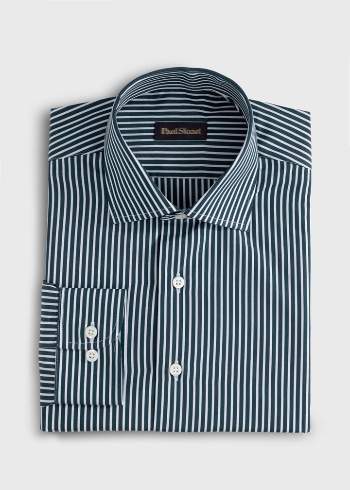 Silky Cotton Stripe Sport Shirt - Hunter Green - Collared Shirt