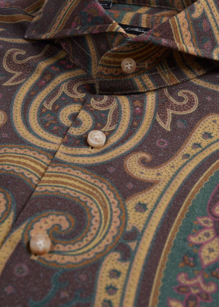Printed Paisley Brushed Cotton Sport Shirt - Brown