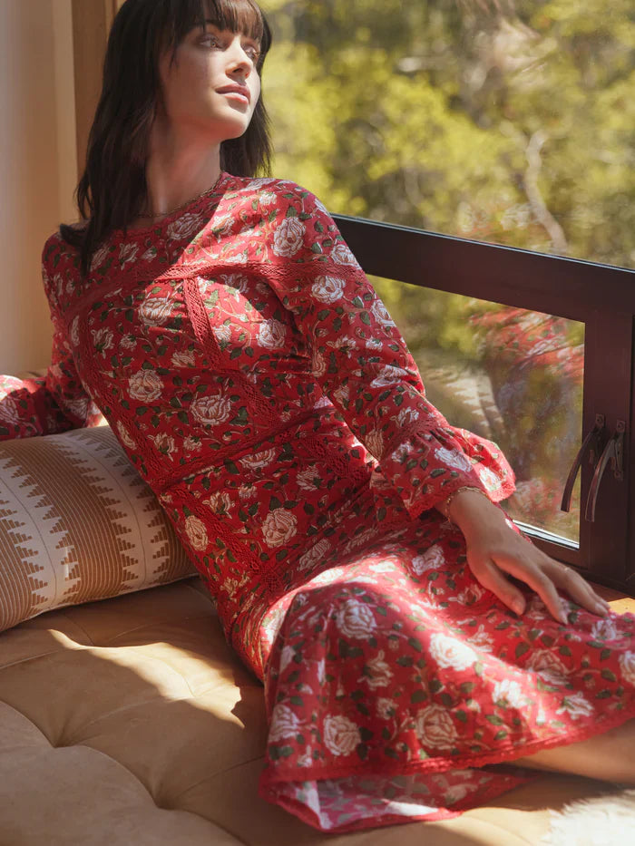 Tina Fluted Pencil Dress - Scarlet/Ivory Rose Floral print