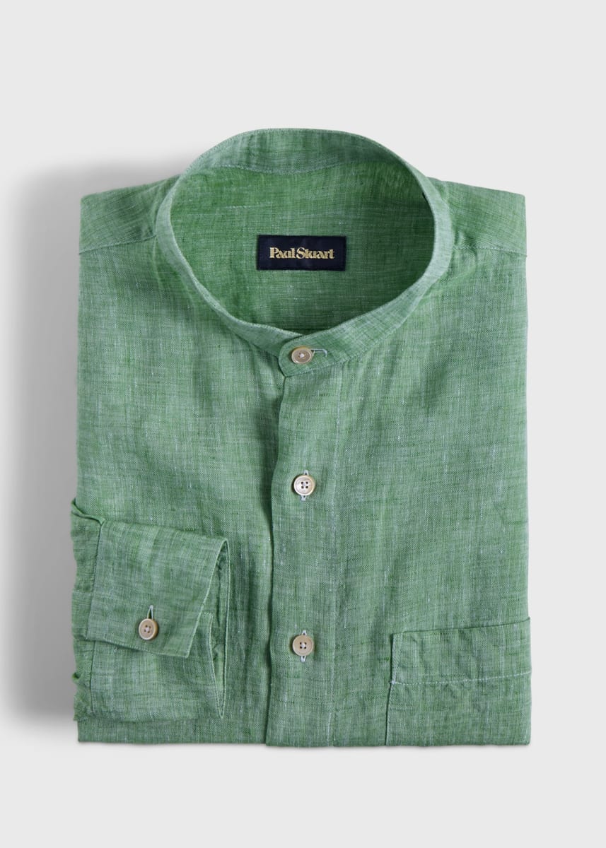 Washed Linen Stand Collar Shirt - Green