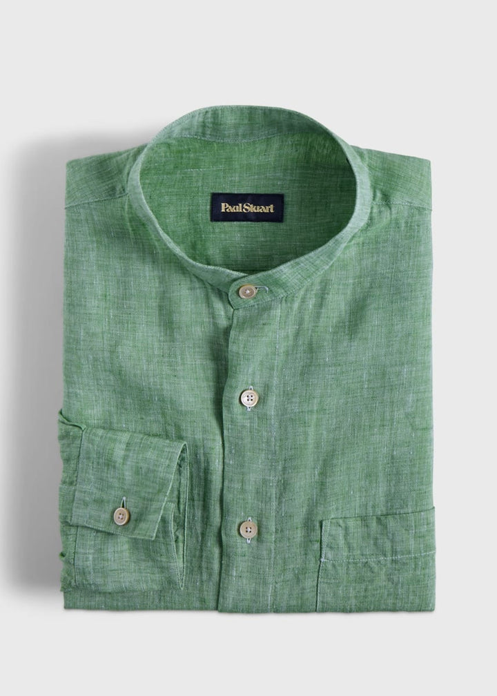 Washed Linen Stand Collar Shirt - Green
