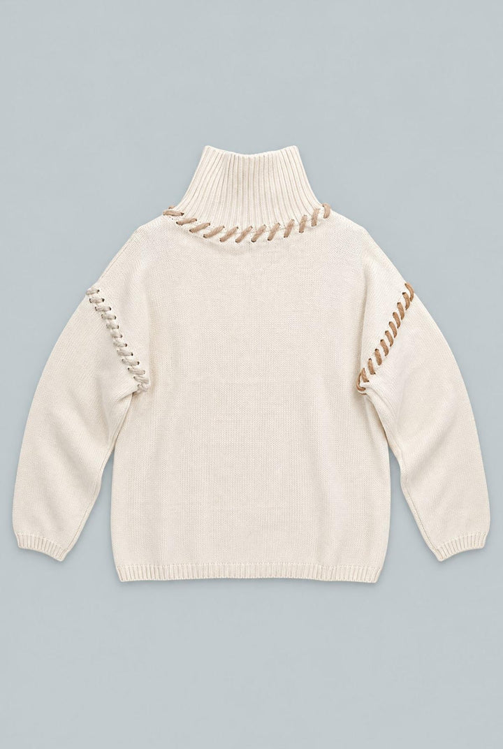 Turtleneck Sweater With Stitching Details - Ivory