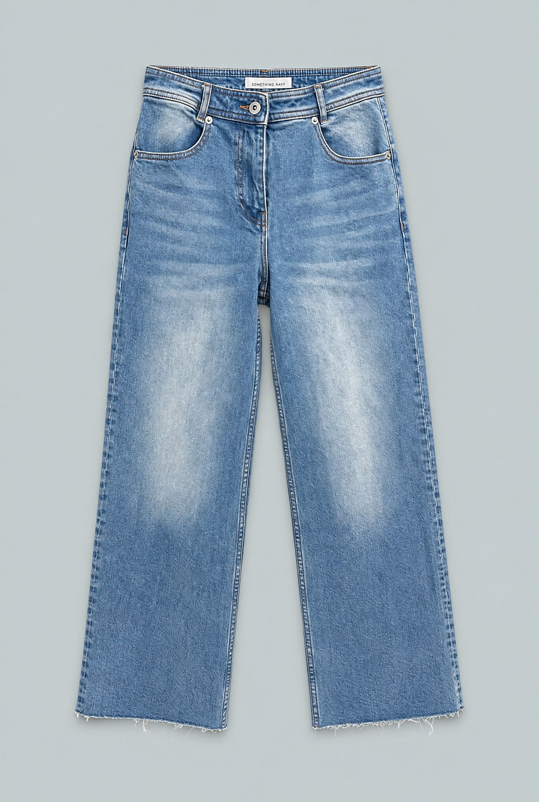 Cropped Raw Edge Wide Leg Denim - Medium Blue