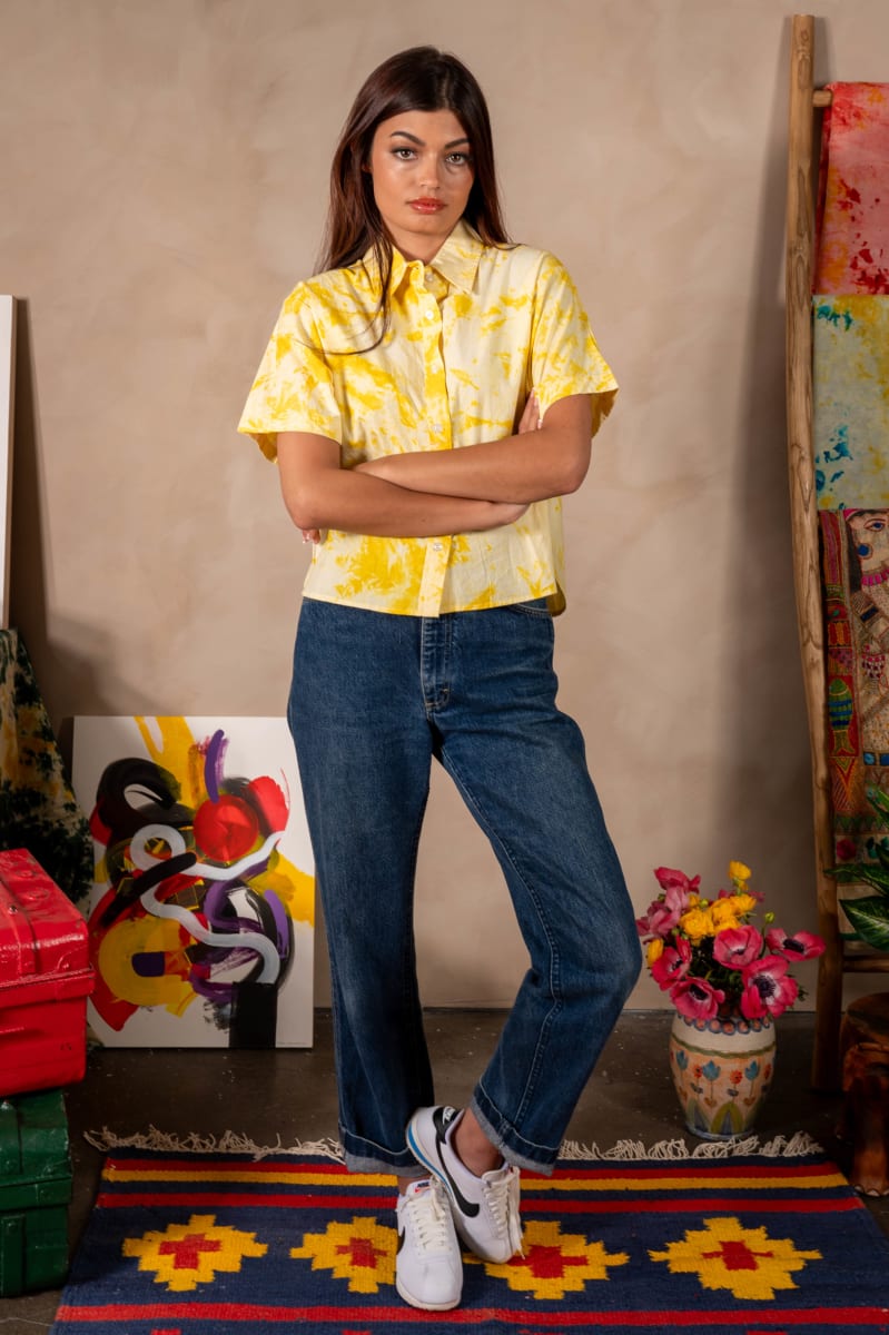 'The Michelle' Hand Dyed Short Sleeve Shirt - Yellow And White 'Citrus Splash' Tie Dye
