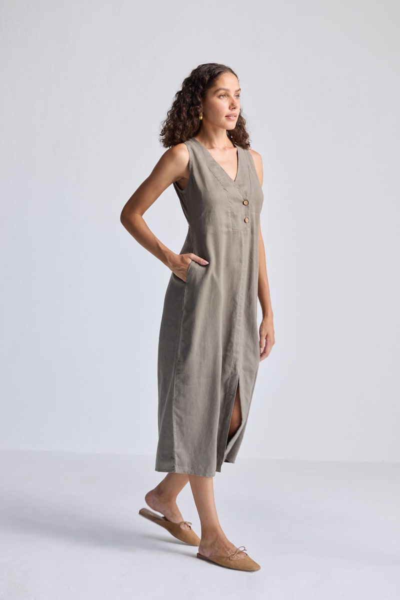 Straight Dress With Front Slit In Hemp - Dark Green