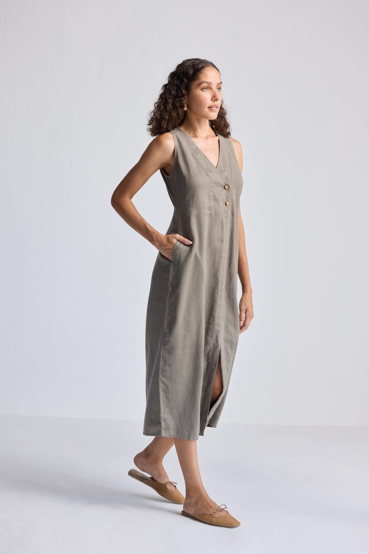 Straight Dress With Front Slit In Hemp - Dark Green