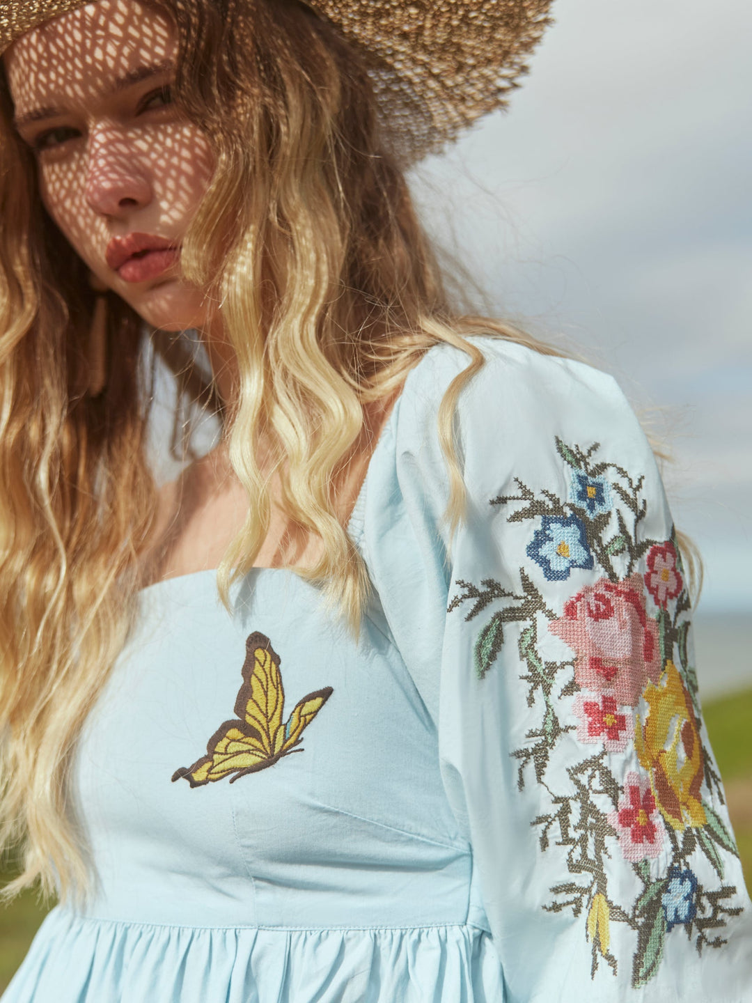 Jocelyn Puff Sleeve Fringe Dress - Light Prussian Blue/Multicolor Butterfly Embroidery