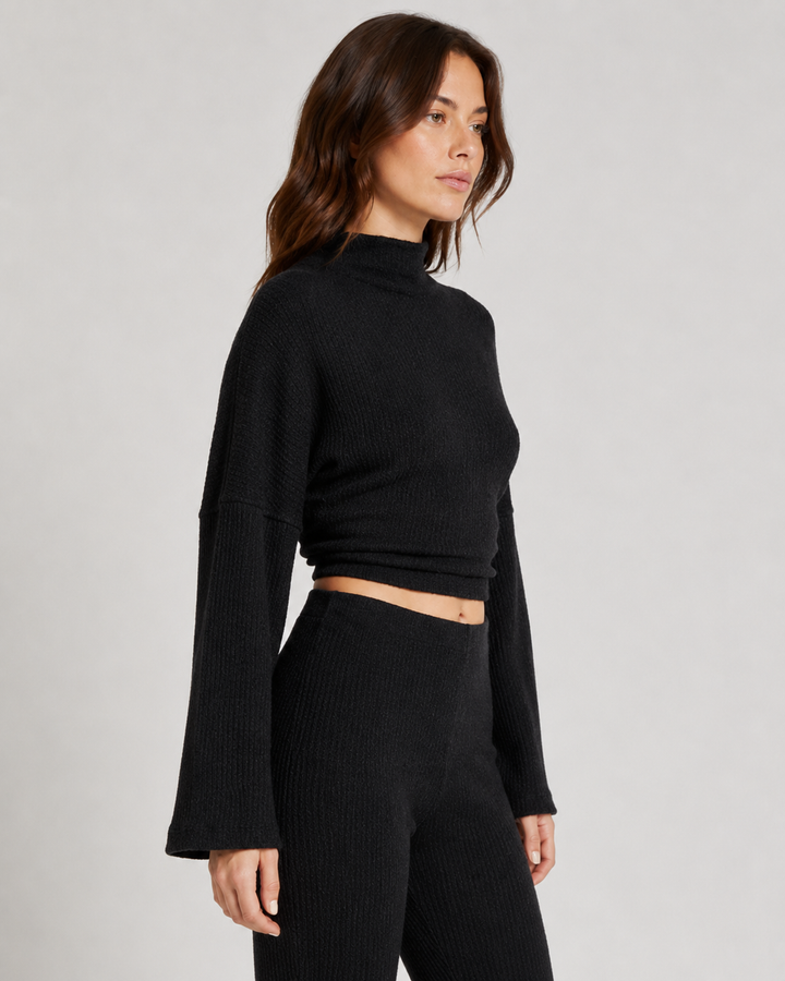 Ribbed Textured Open Back Top - Black