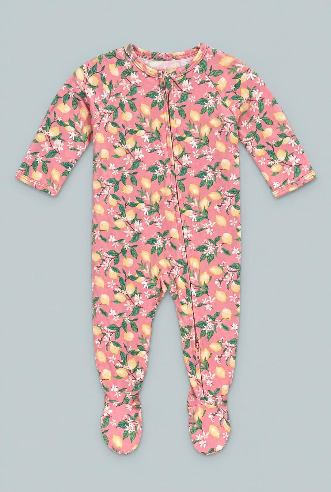 Lemon Floral Print Zipper Footie - Lemons Pink