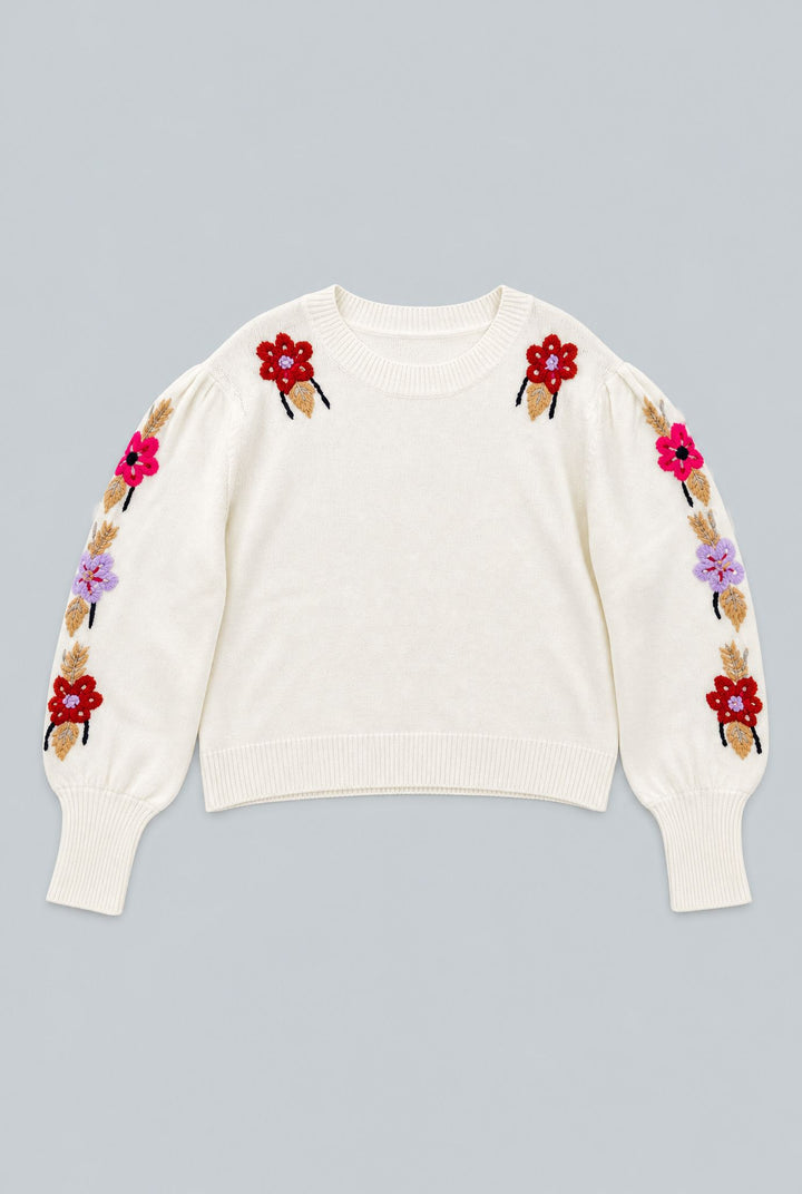 Embroidered Crew Neck Sweater - Ivory