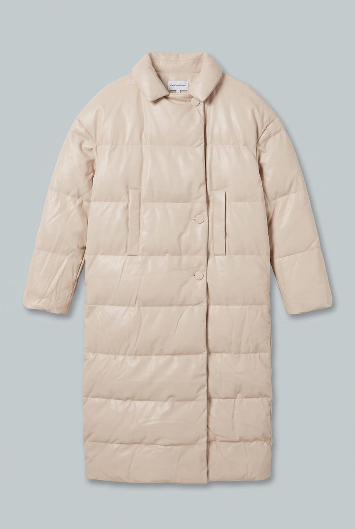 Faux Leather Long Puffer Coat - Ecru