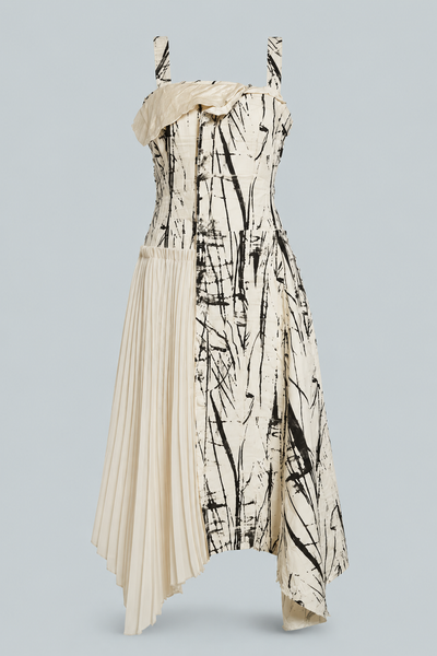 Brushstroke Fray Jacquard Asymmetric Dress - Calico/Black