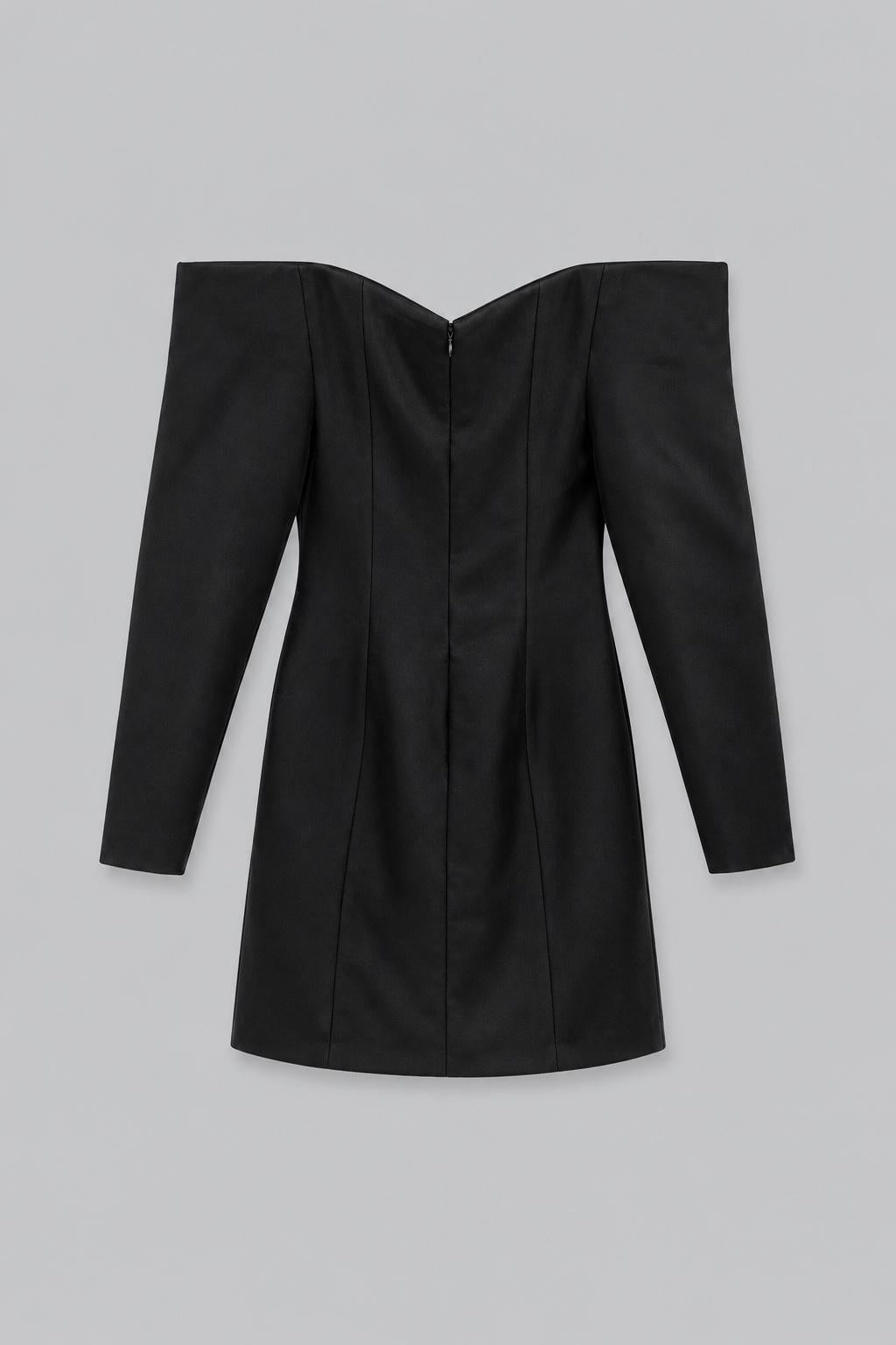 Off-Shoulder Long-Sleeve Mini Dress - Black