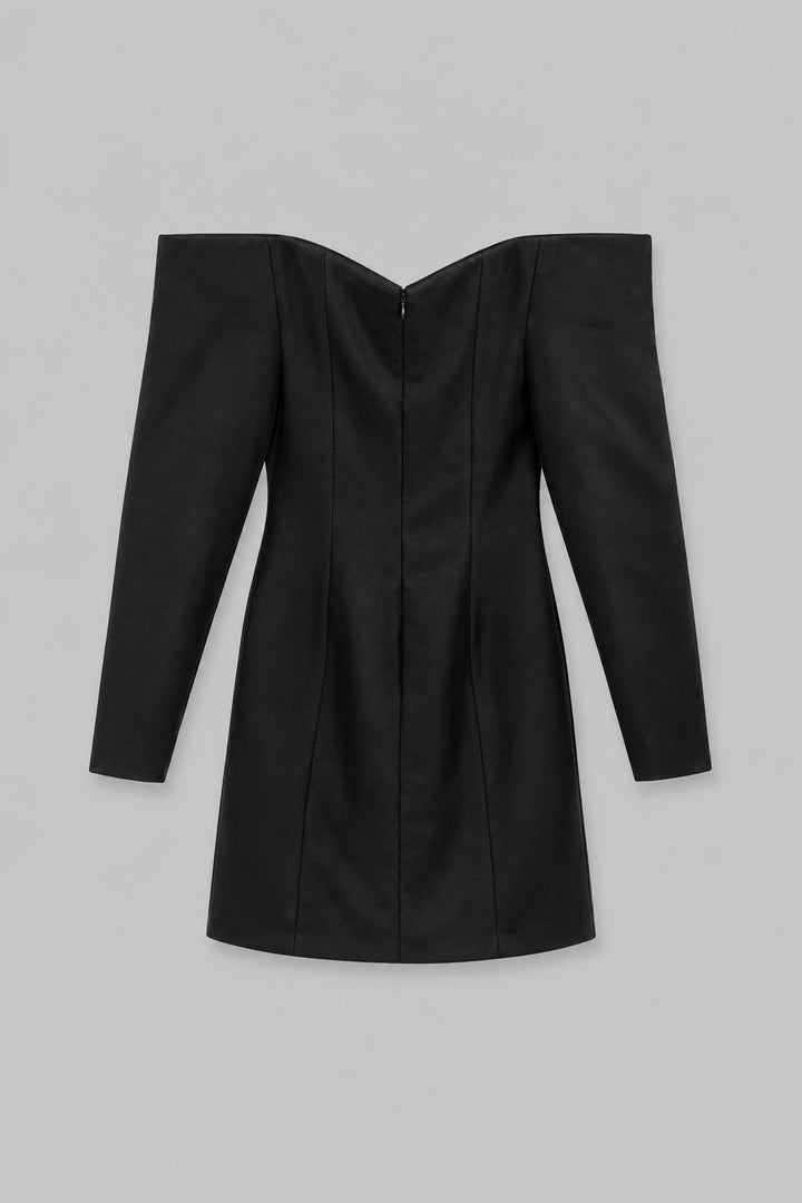 Off-Shoulder Long-Sleeve Mini Dress - Black