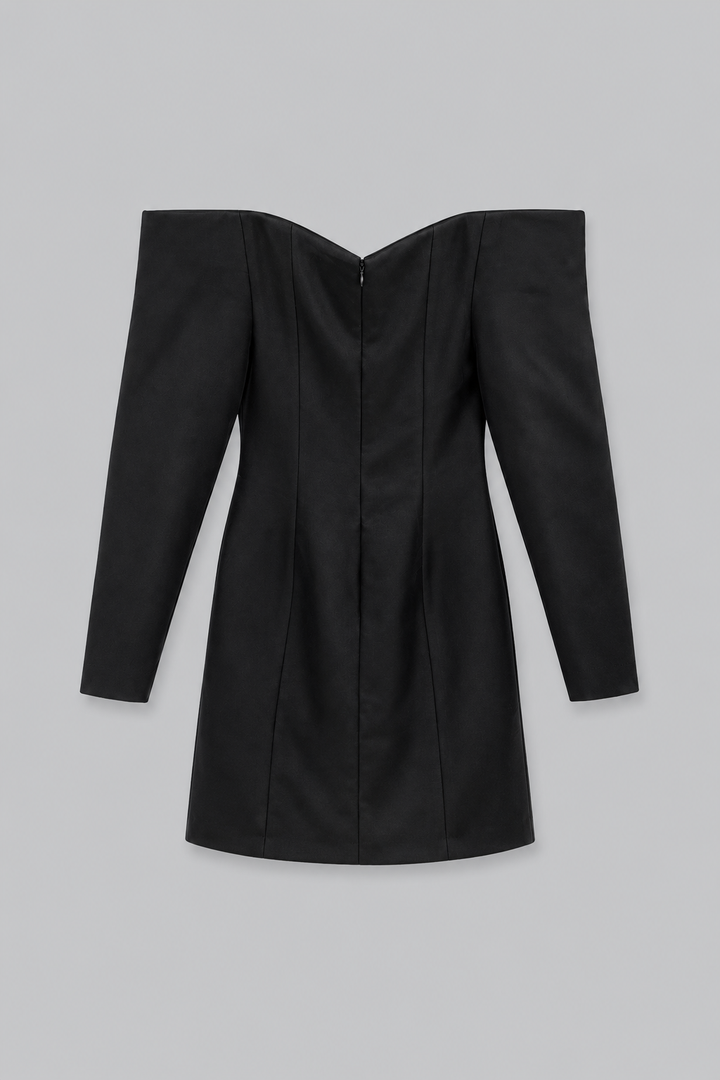 Off-Shoulder Long-Sleeve Mini Dress - Black