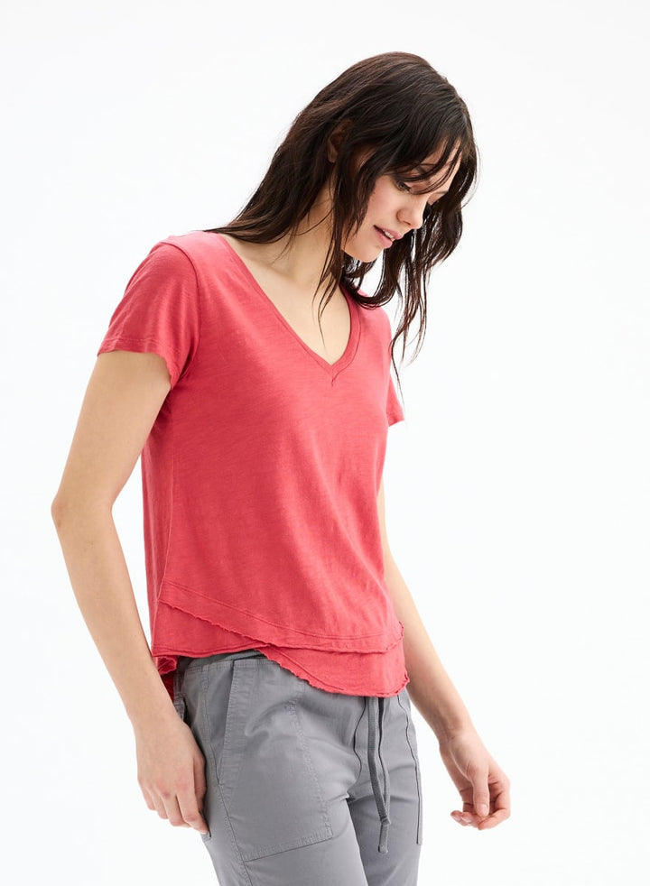 Ava V-Neck Mock Layer T-Shirt - Hibiscus