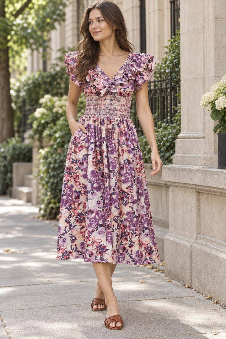 Smocked Floral Midi Dress - Purple Combo