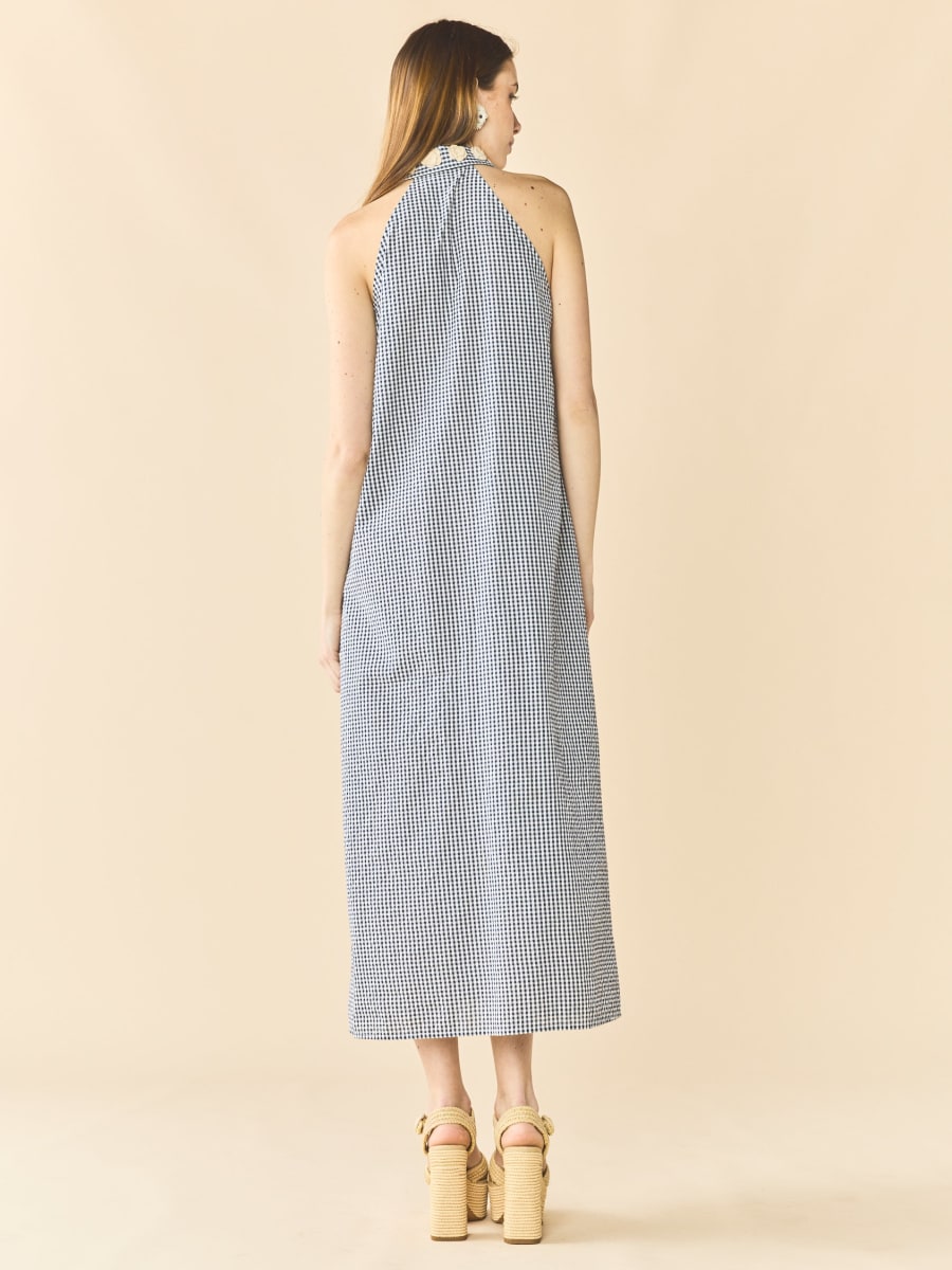 Cami Collar Dress x Rainey - Navy Gingham With Cream Crochet Applique