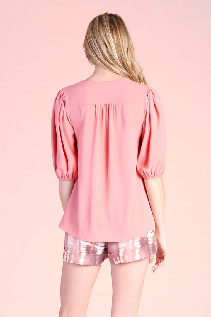 Textured Solid Piped Shoulder Short Sleeve Top - Peach