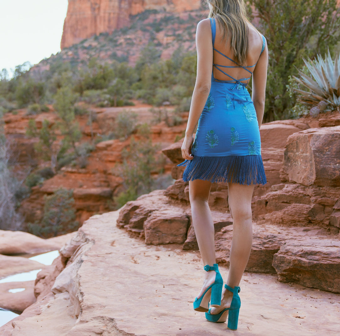 Brook Embroidered Mini Fringe Dress - Prussian Blue/Placed Floral Embroidery