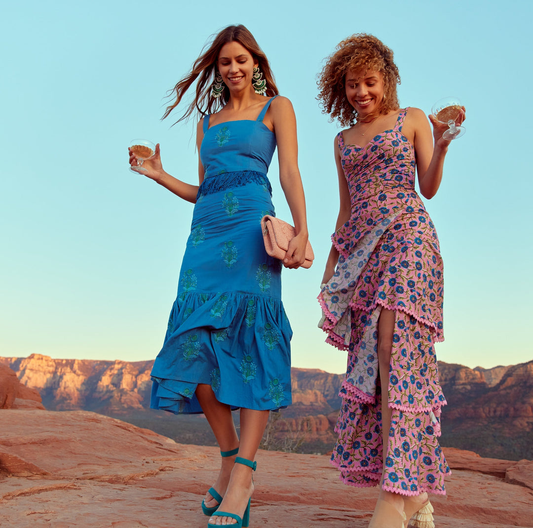 Brook Embroidered Fluted Skirt - Prussian Blue/Placed Floral Embroidery