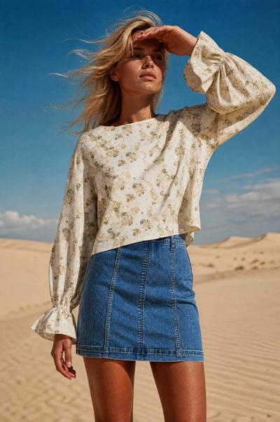 Cropped Floral Blouse With Cinched Sleeves - Tan Combo
