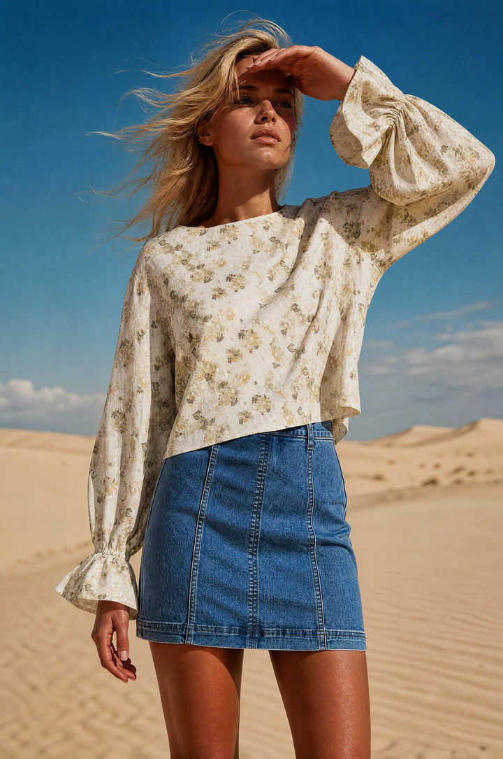 Cropped Floral Blouse With Cinched Sleeves - Tan Combo