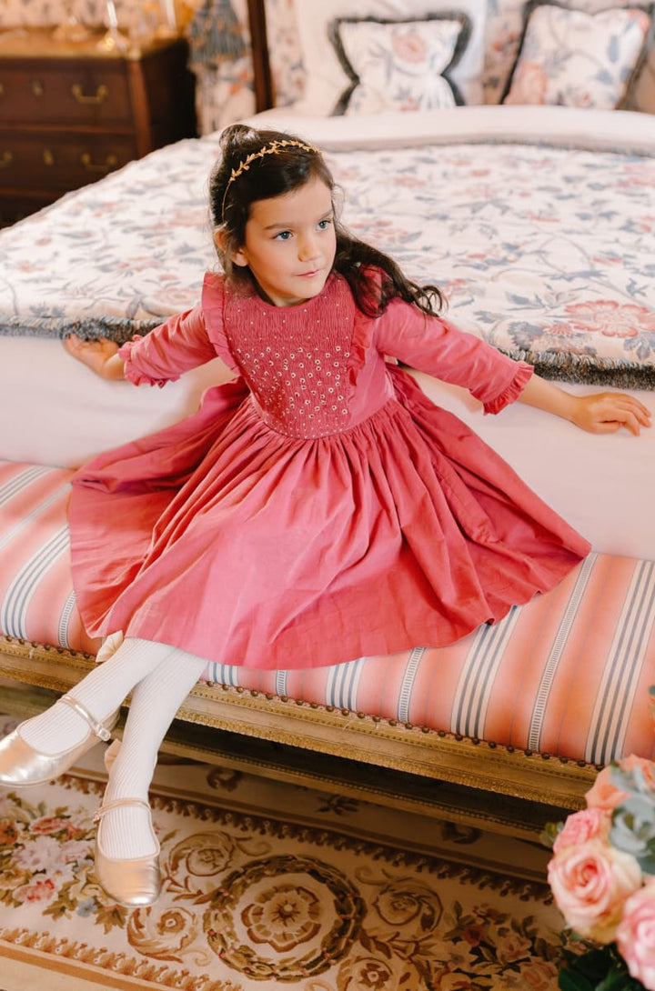 Angele Corduroy Long Sleeve Smocked Dress - Pink