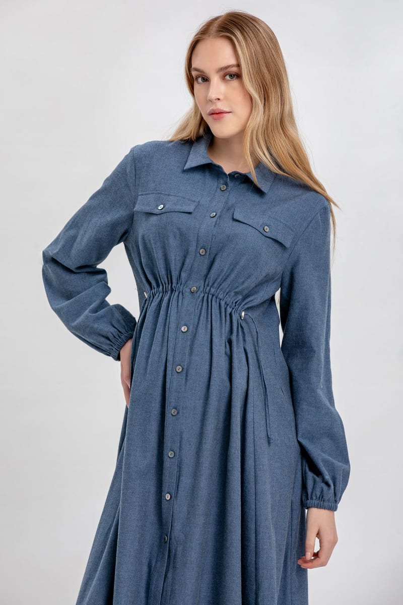 ERICA Midi Long-Sleeve Maternity Shirt Dress - Avion Blue