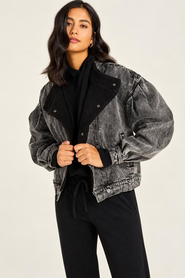 Teddy Denim Moto Jacket - Washed Black
