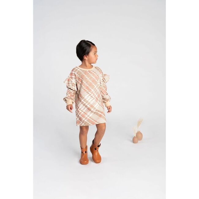Girls Plaid Ruffle Terry Dress - Beige