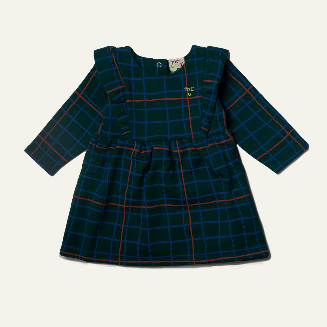 Recycled Cotton Grid Baby Ruffle Dress - Pine Green Multi