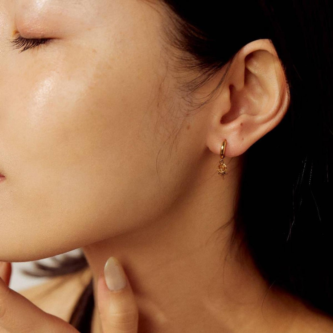 Rose Charm Huggie Drop Hoop Earrings