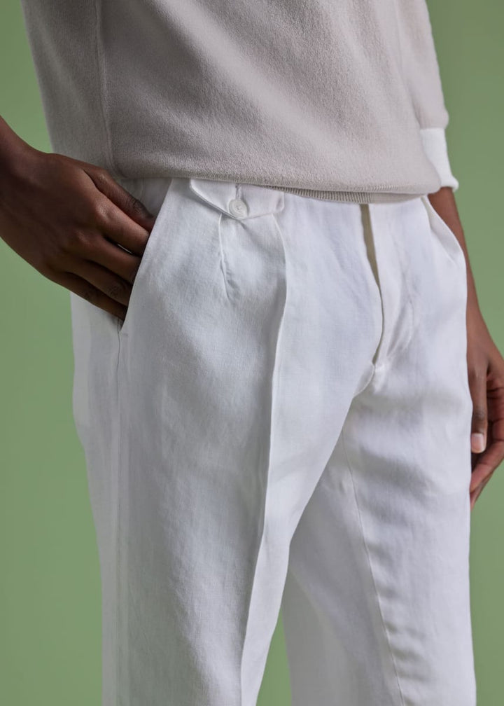 Linen Washed Pleated Front Trouser - White