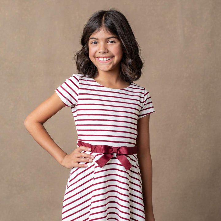 Organic Short Sleeve Skater Dress - White and Oxblood Stripe